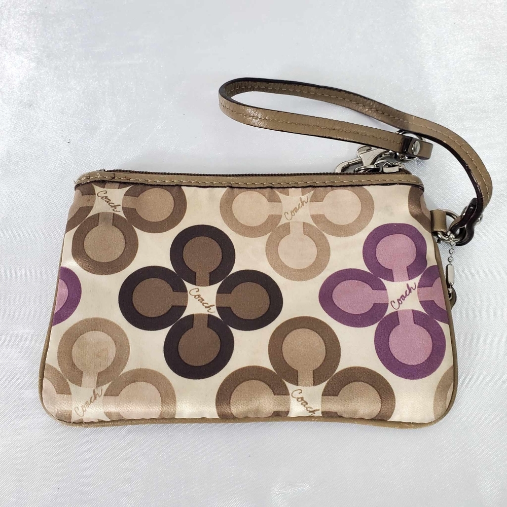 Coach Madison Signature Sateen Purple & Brown small Wristlet with Tag Strap - Picture 3 of 6